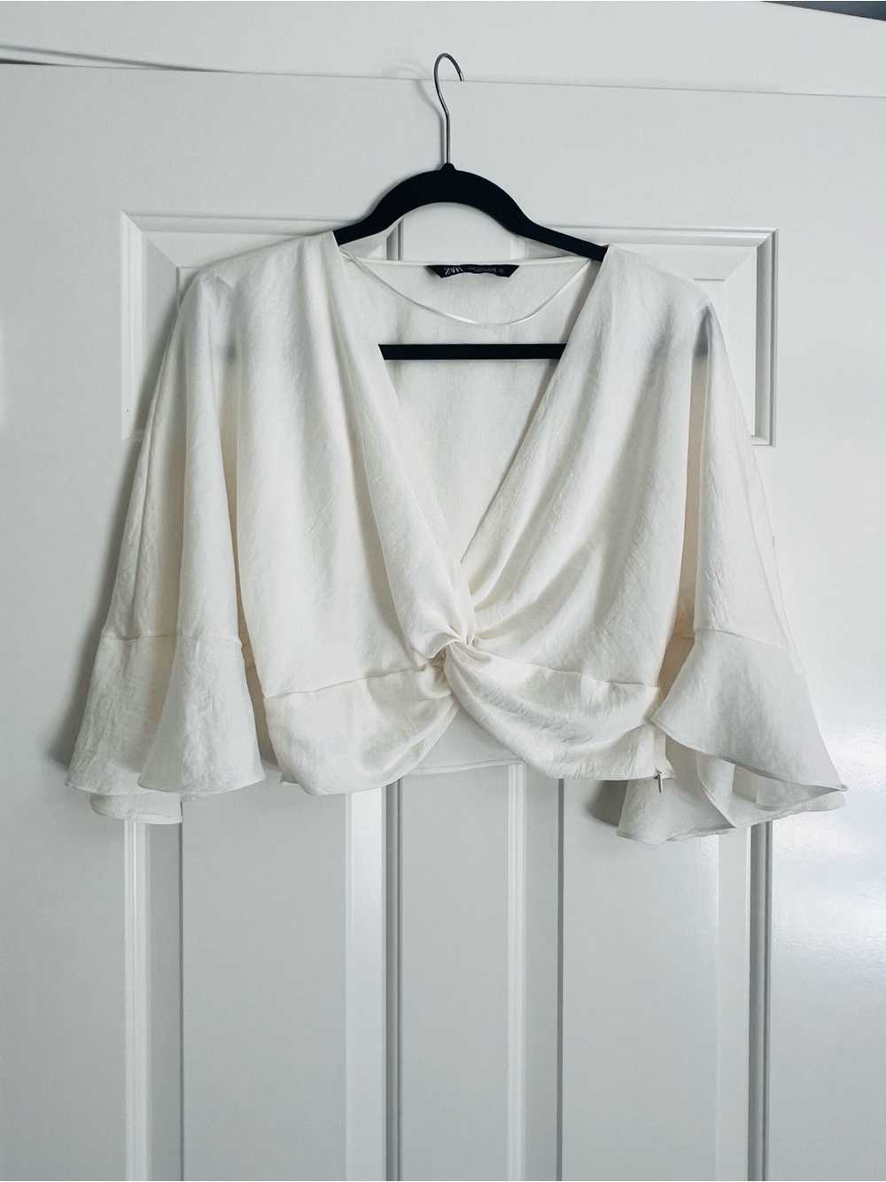Zara Cream Twist-Front Flutter Sleeve Blouse